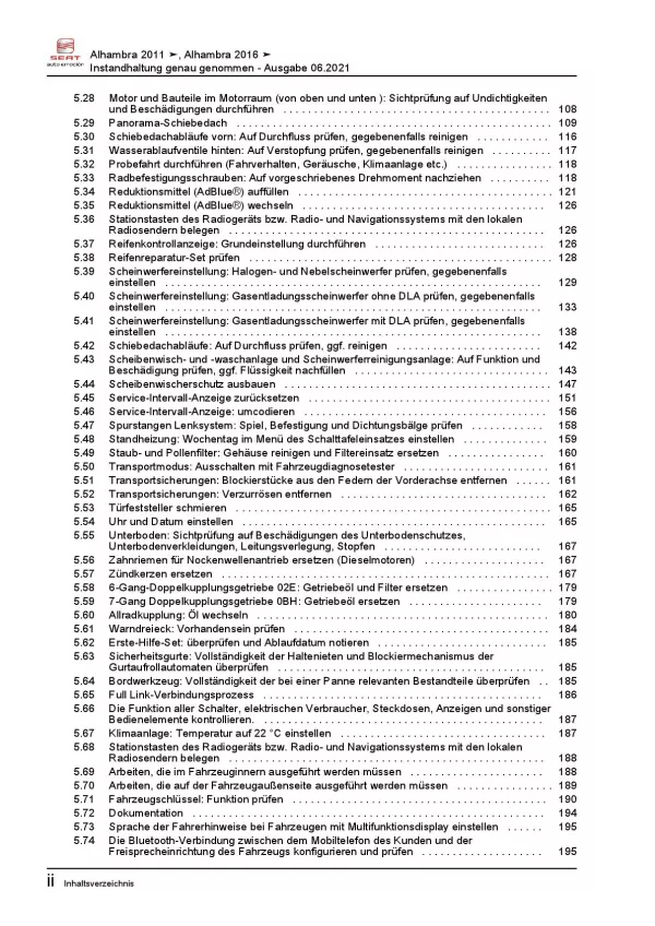 SEAT Alhambra 2010-2015 Instandhaltung Inspektion Wartung Reparaturanleitung PDF