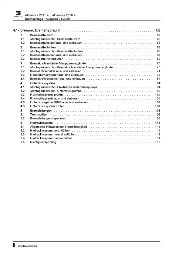 SEAT Alhambra 7N 2010-2015 Bremsanlagen Bremsen System Reparaturanleitung PDF