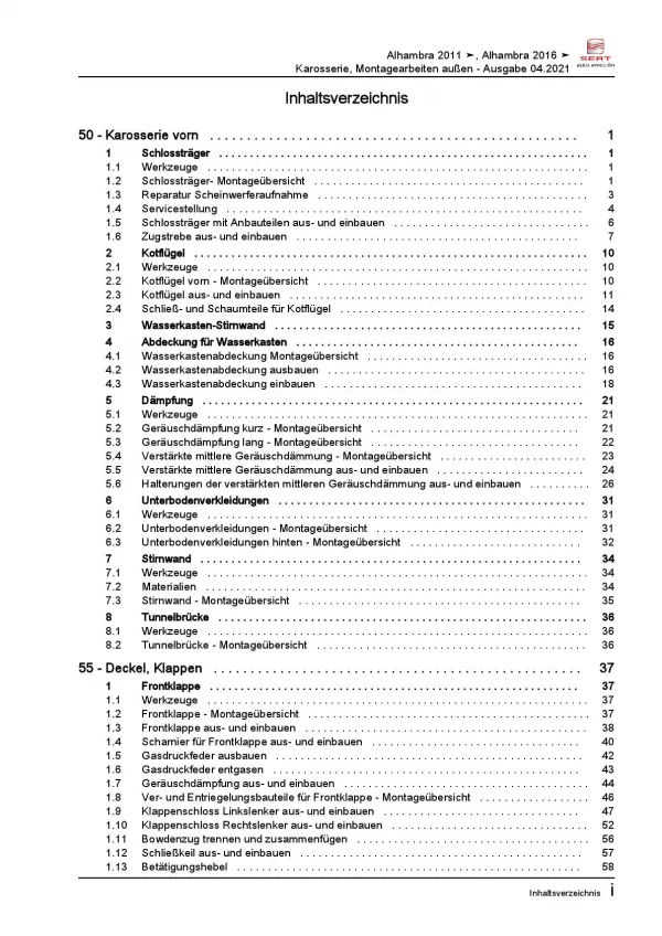 SEAT Alhambra 7N (10-15) Karosserie Montagearbeiten Außen Reparaturanleitung PDF