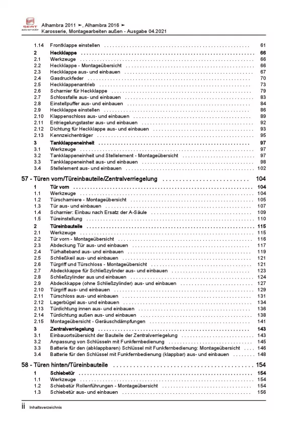 SEAT Alhambra 7N (10-15) Karosserie Montagearbeiten Außen Reparaturanleitung PDF