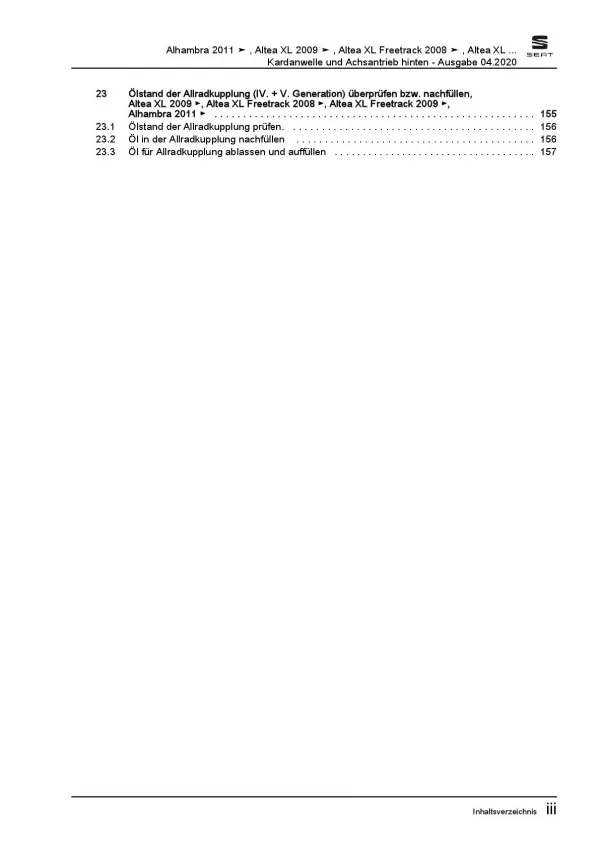 SEAT Alhambra 7N 2010-2015 Kardanwelle Achsantrieb hinten Reparaturanleitung PDF