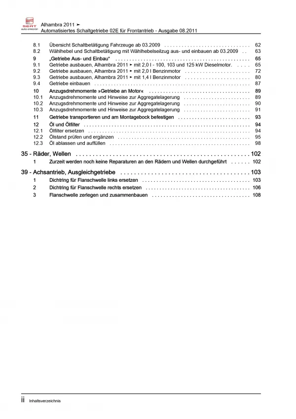 SEAT Alhambra 7N (10-15) 6 Gang Automatikgetriebe DKG 02E Reparaturanleitung PDF