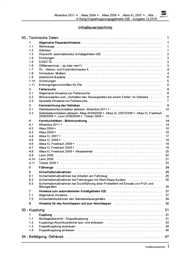 SEAT Alhambra 7N (10-15) 6 Gang 02E Automatikgetriebe DKG Reparaturanleitung PDF