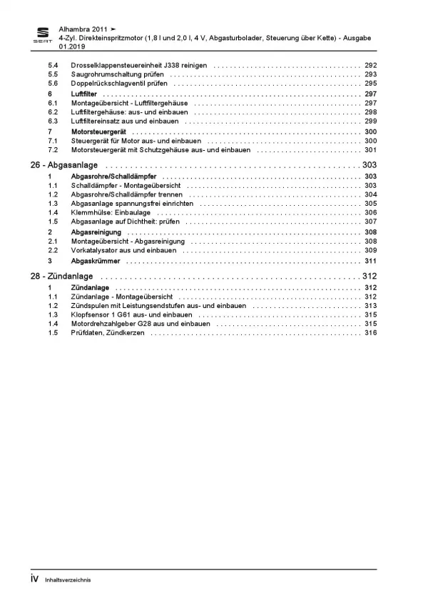 SEAT Alhambra 7N 2010-2015 4-Zyl. Benzinmotor 160-200 PS Reparaturanleitung PDF