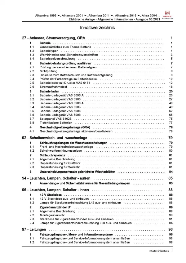 SEAT Alhambra (10-15) Allgemeine Infos Elektrische Anlage Reparaturanleitung PDF
