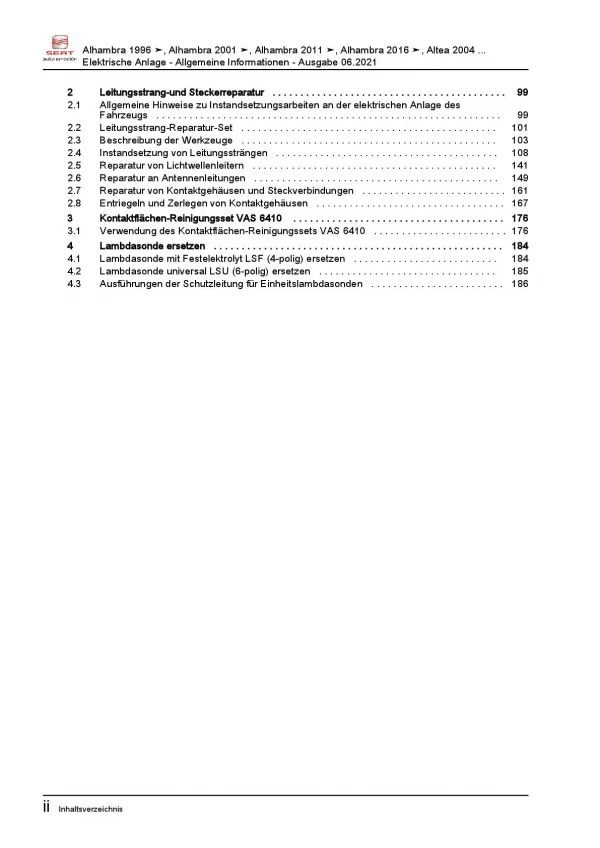 SEAT Alhambra (10-15) Allgemeine Infos Elektrische Anlage Reparaturanleitung PDF