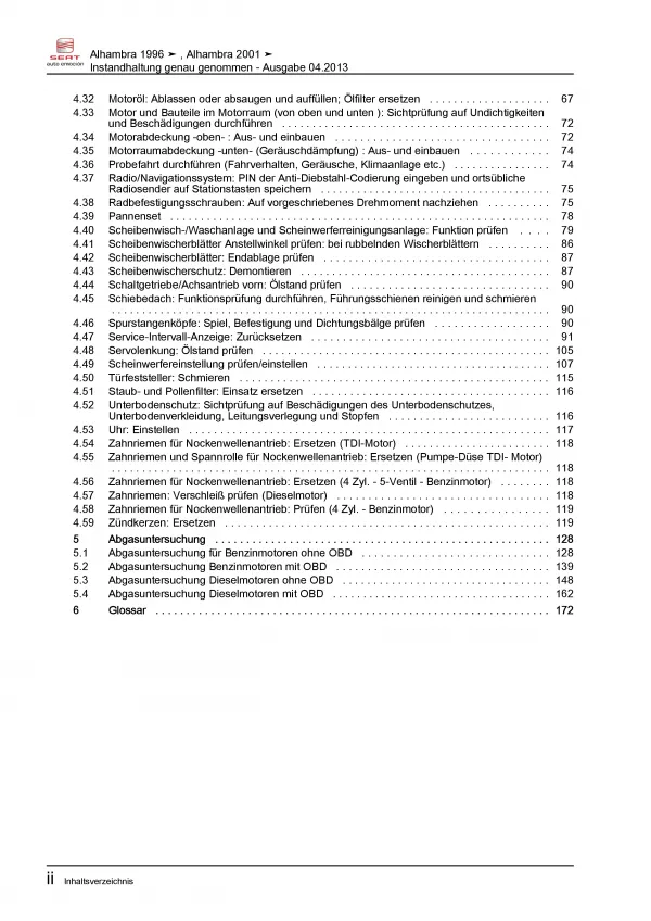 SEAT Alhambra 1995-2010 Instandhaltung Inspektion Wartung Reparaturanleitung PDF