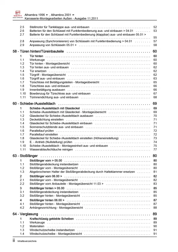 SEAT Alhambra 7V (95-10) Karosserie Montagearbeiten Außen Reparaturanleitung PDF