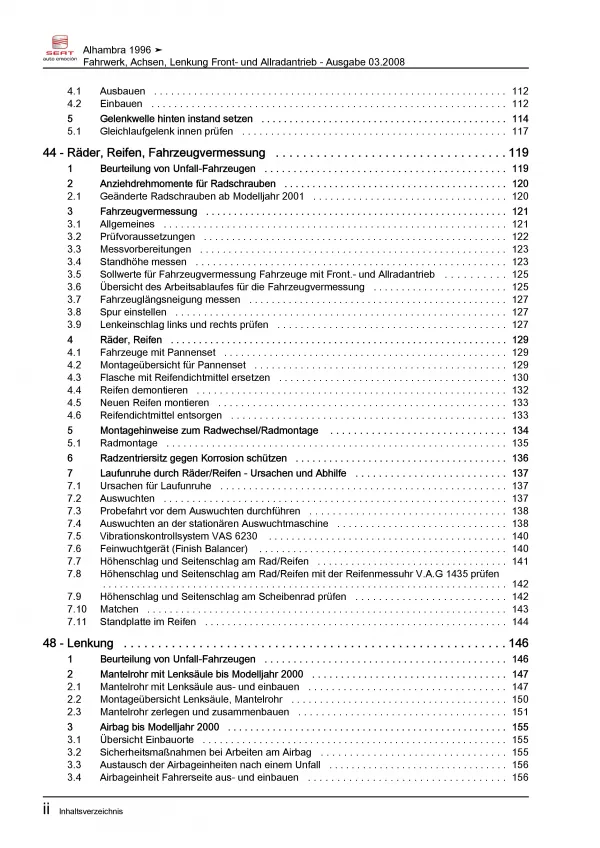 SEAT Alhambra 7V 1995-2010 Fahrwerk Achsen Lenkung AWD Reparaturanleitung PDF