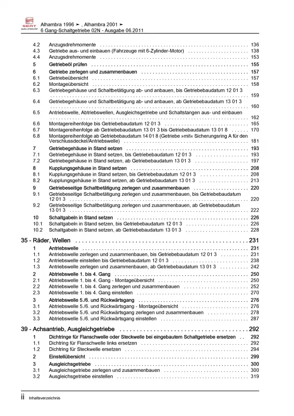 SEAT Alhambra Typ 7V 1995-2010 6 Gang Schaltgetriebe 02N Reparaturanleitung PDF