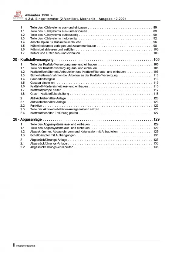SEAT Alhambra 7V (95-10) 2,0l Benzinmotor Mechanik 115 PS Reparaturanleitung PDF