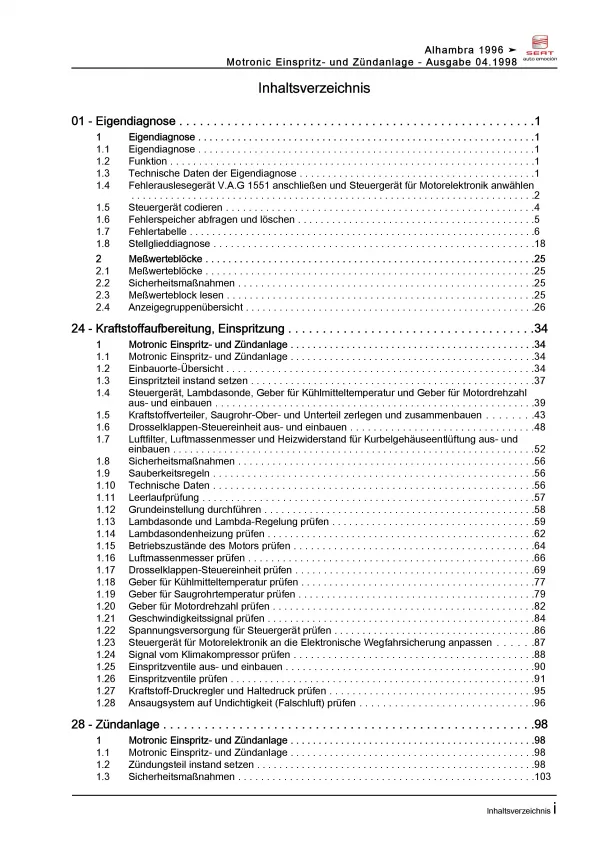 SEAT Alhambra (95-10) Benzin Einspritz- Zündanlage 174 PS Reparaturanleitung PDF