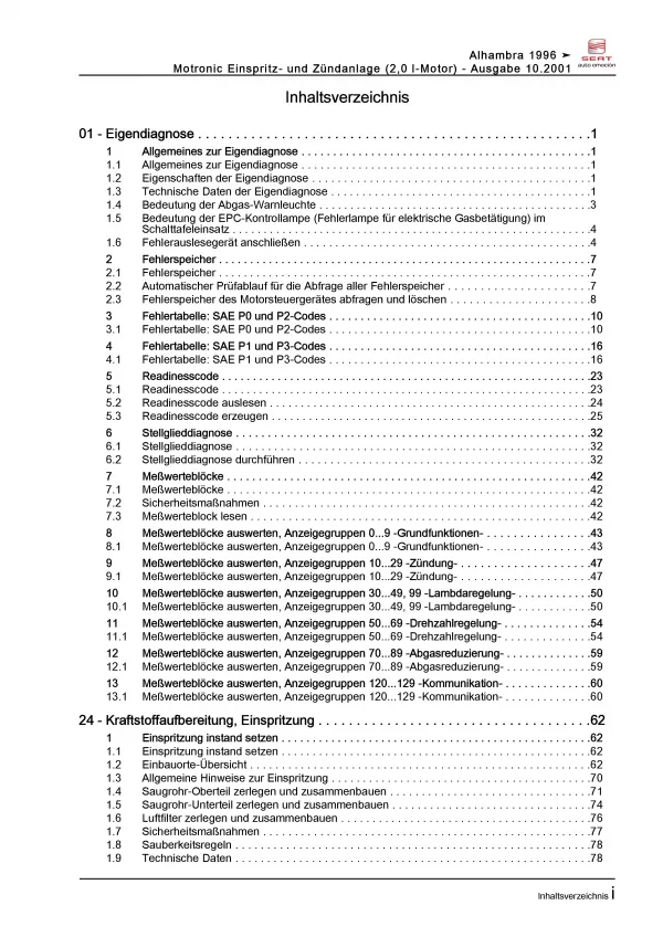 SEAT Alhambra (95-10) Benzin Einspritz- Zündanlage 115 PS Reparaturanleitung PDF