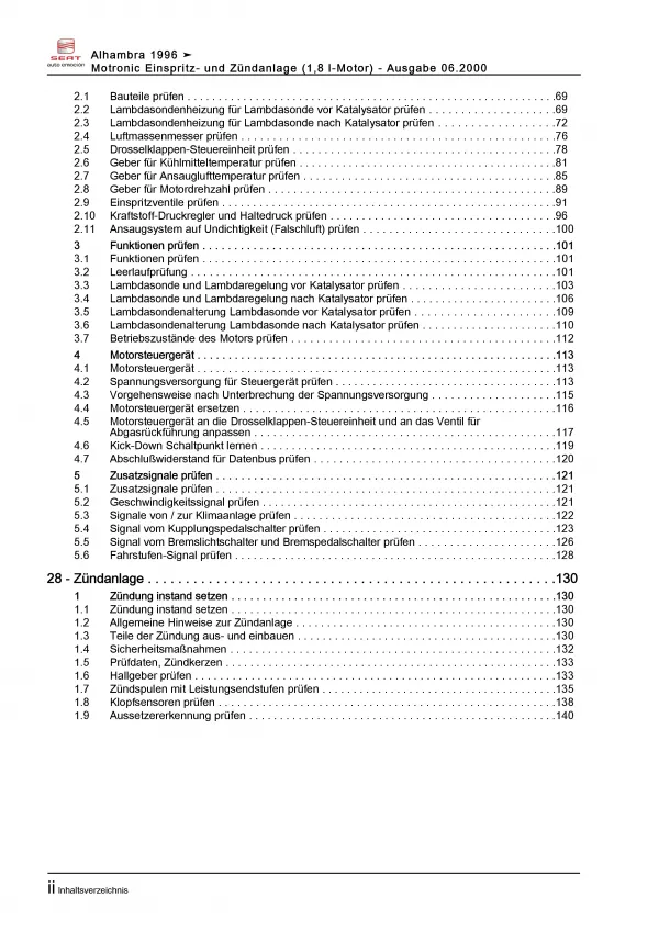 SEAT Alhambra (95-10) Benzin 150 PS Einspritz- Zündanlage Reparaturanleitung PDF