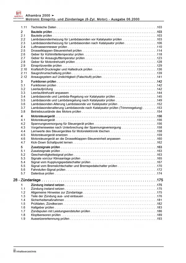 SEAT Alhambra (95-10) Benzin 204 PS Einspritz- Zündanlage Reparaturanleitung PDF