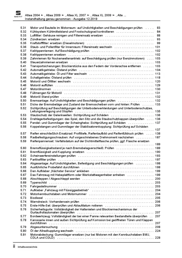 SEAT Altea 5P1 (04-15) Instandhaltung Inspektion Wartung Reparaturanleitung PDF