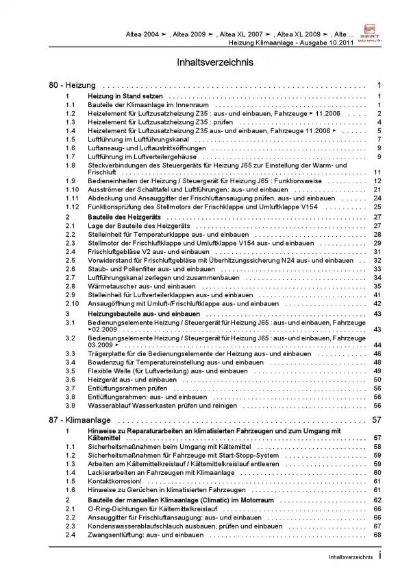 SEAT Altea 5P1 2004-2015 Heizung Belüftung Klimaanlage Reparaturanleitung PDF
