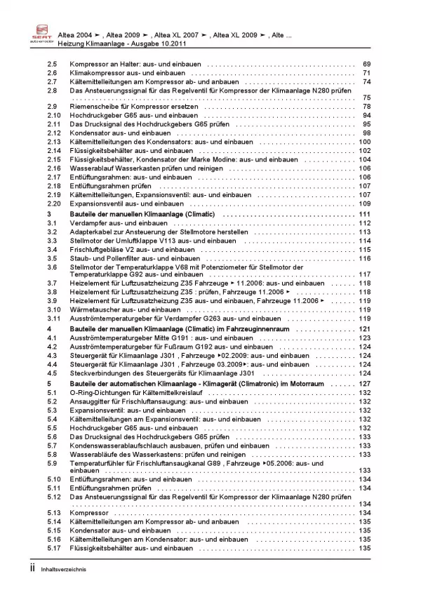 SEAT Altea 5P1 2004-2015 Heizung Belüftung Klimaanlage Reparaturanleitung PDF