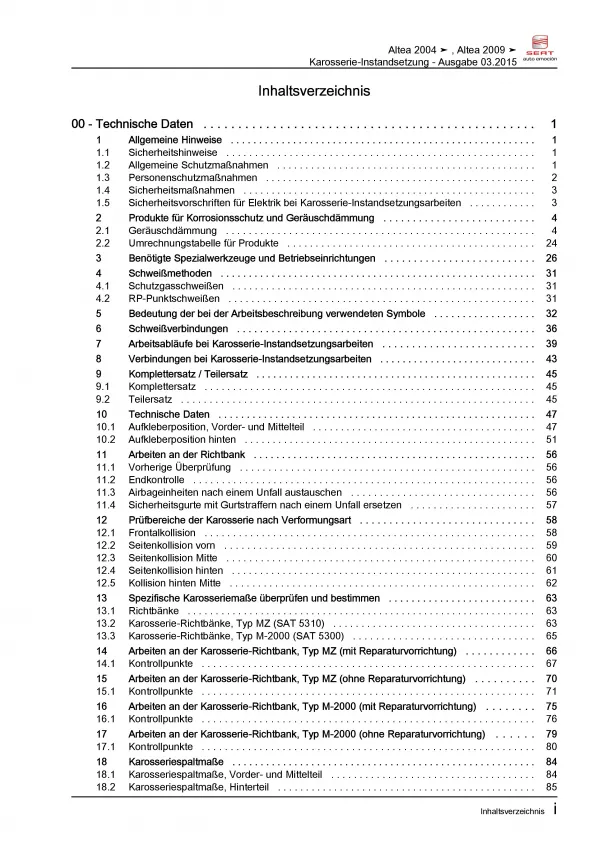 SEAT Altea 5P1 2004-2015 Karosserie Instandsetzung Unfall Reparaturanleitung PDF
