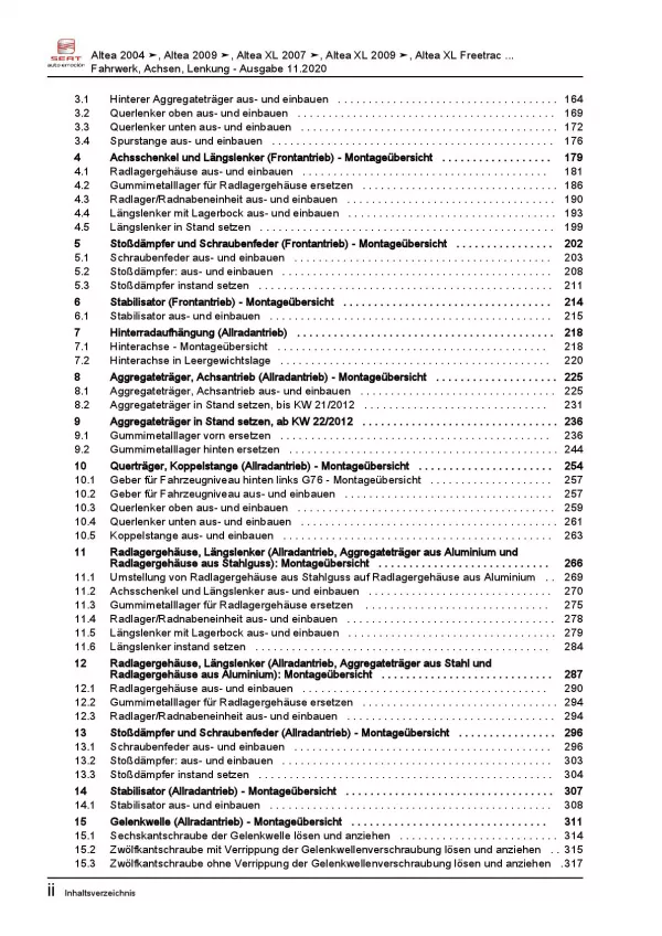 SEAT Altea Typ 5P1 2004-2015 Fahrwerk Achsen Lenkung Reparaturanleitung PDF