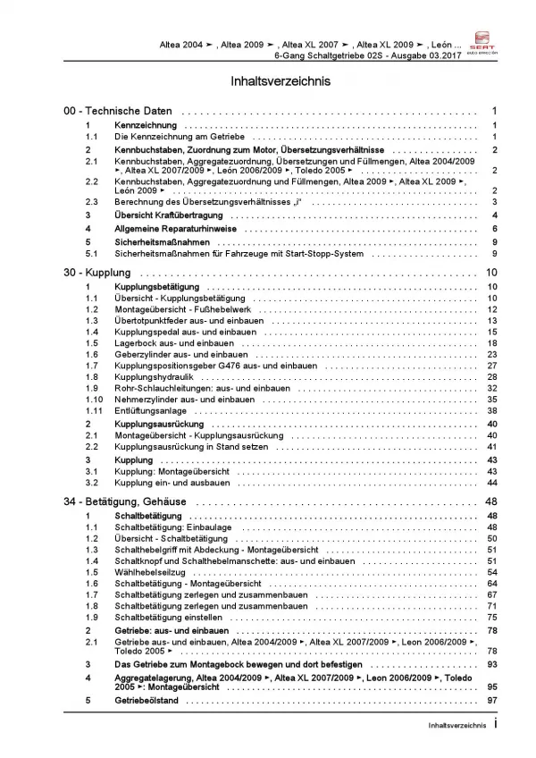 SEAT Altea 5P1 (04-15) 6 Gang Schaltgetriebe 02S Kupplung Reparaturanleitung PDF