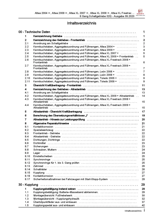 SEAT Altea 5P1 (04-15) 6 Gang Schaltgetriebe 02Q Kupplung Reparaturanleitung PDF