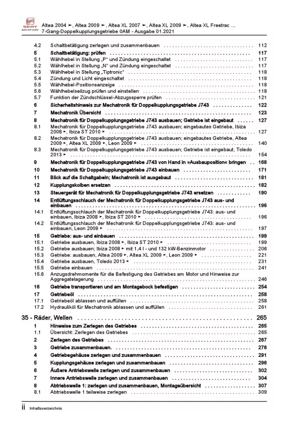 SEAT Altea 5P1 2004-2015 7 Gang Automatikgetriebe DKG 0AM Reparaturanleitung PDF