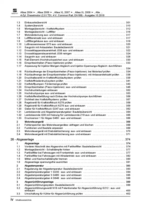 SEAT Altea 5P1 (04-15) 4 Zyl. 2,0l Dieselmotor TDI 170 PS Reparaturanleitung PDF