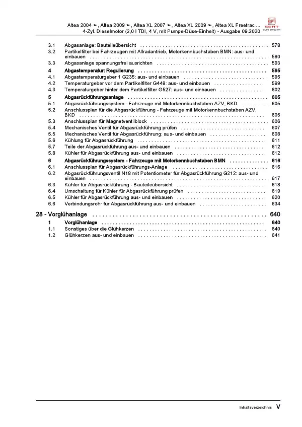 SEAT Altea 5P1 (04-15) 4-Zyl. Dieselmotor TDI 136-170 PS Reparaturanleitung PDF