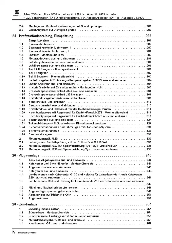 SEAT Altea 5P1 2004-2015 4-Zyl. 1,4l Benzinmotor 125 PS Reparaturanleitung PDF