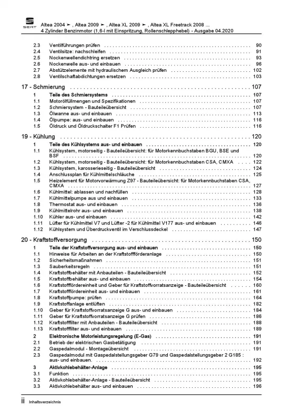 SEAT Altea 5P1 2004-2015 4-Zyl. 1,6l Benzinmotor 102 PS Reparaturanleitung PDF