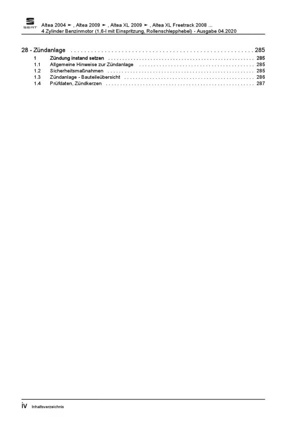 SEAT Altea 5P1 2004-2015 4-Zyl. 1,6l Benzinmotor 102 PS Reparaturanleitung PDF