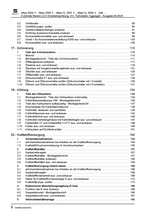 SEAT Altea 5P1 (04-15) 4-Zyl. 2,0l Benzinmotor 200-265 PS Reparaturanleitung PDF