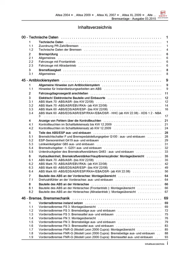 SEAT Altea 5P5 2006-2015 Bremsanlagen Bremsen System Reparaturanleitung PDF