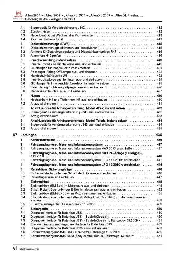 SEAT Altea 2006-2015 Elektrische Anlage Elektrik Systeme Reparaturanleitung PDF