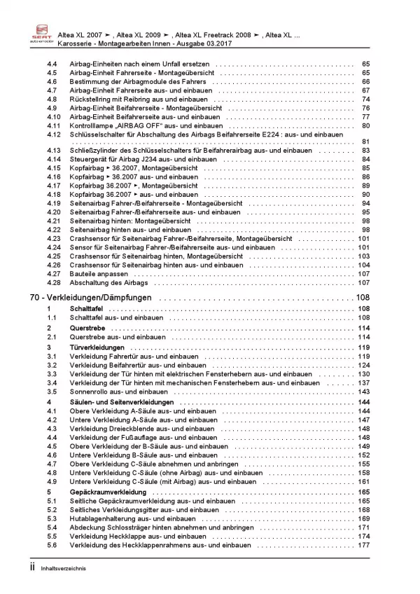 SEAT Altea 5P5 2006-2015 Karosserie Montagearbeiten Innen Reparaturanleitung PDF