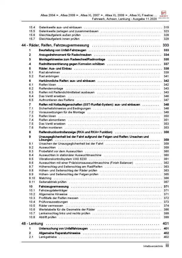 SEAT Altea Typ 5P5 2006-2015 Fahrwerk Achsen Lenkung Reparaturanleitung PDF