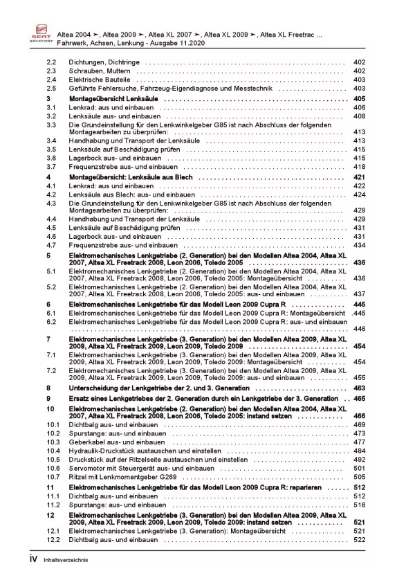 SEAT Altea Typ 5P5 2006-2015 Fahrwerk Achsen Lenkung Reparaturanleitung PDF