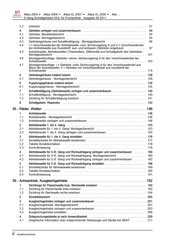 SEAT Altea 5P5 2006-2015 6 Gang Schaltgetriebe 02Q FWD Reparaturanleitung PDF