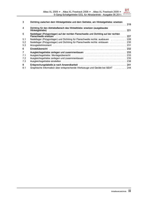 SEAT Altea 5P5 2006-2015 6 Gang Schaltgetriebe 02Q AWD Reparaturanleitung PDF
