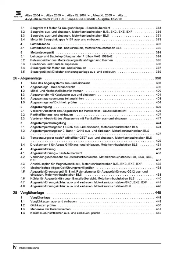 SEAT Altea 5P5 2006-2015 4-Zyl. Dieselmotor 90-105 PS TDI Reparaturanleitung PDF