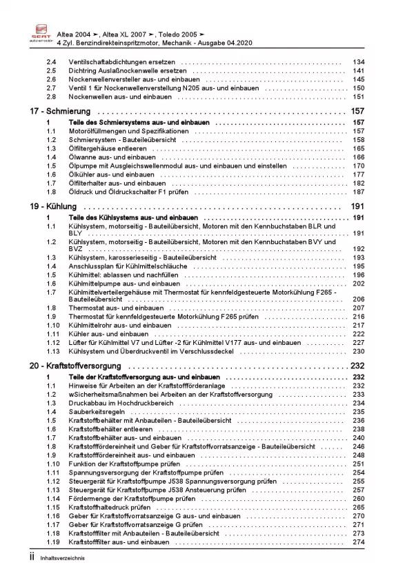 SEAT Altea 5P5 2006-2015 4-Zyl. 2,0l Benzinmotor 150 PS Reparaturanleitung PDF