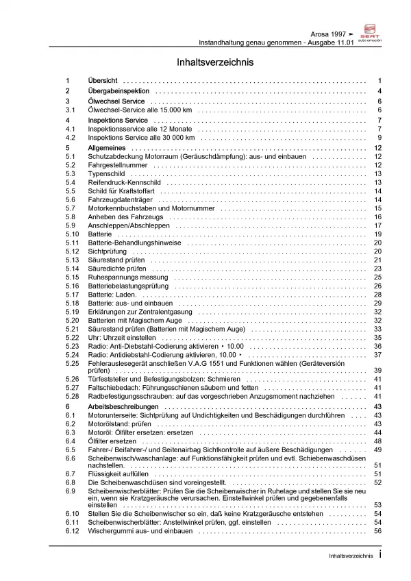 SEAT Arosa 6H 1997-2004 Instandhaltung Inspektion Wartung Reparaturanleitung PDF