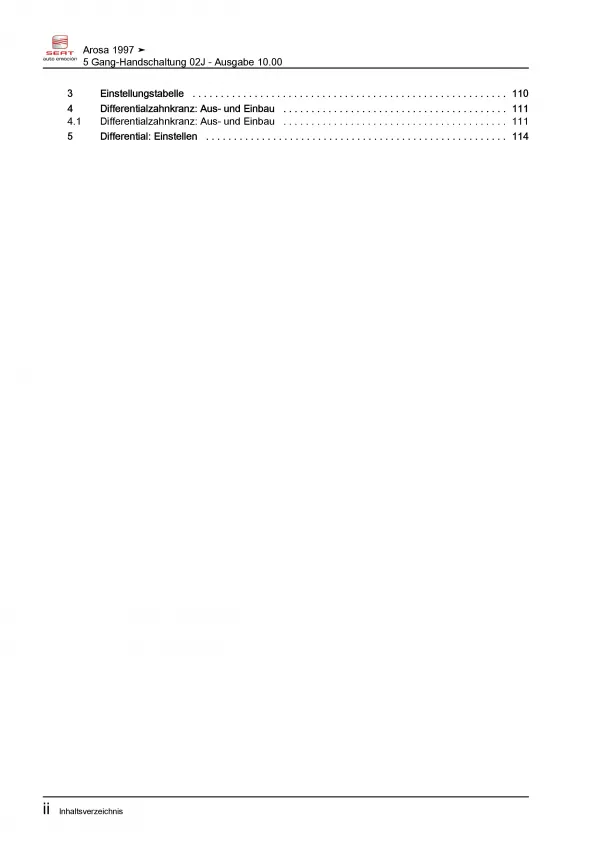 SEAT Arosa 6H (97-04) 5 Gang Schaltgetriebe 02J Kupplung Reparaturanleitung PDF