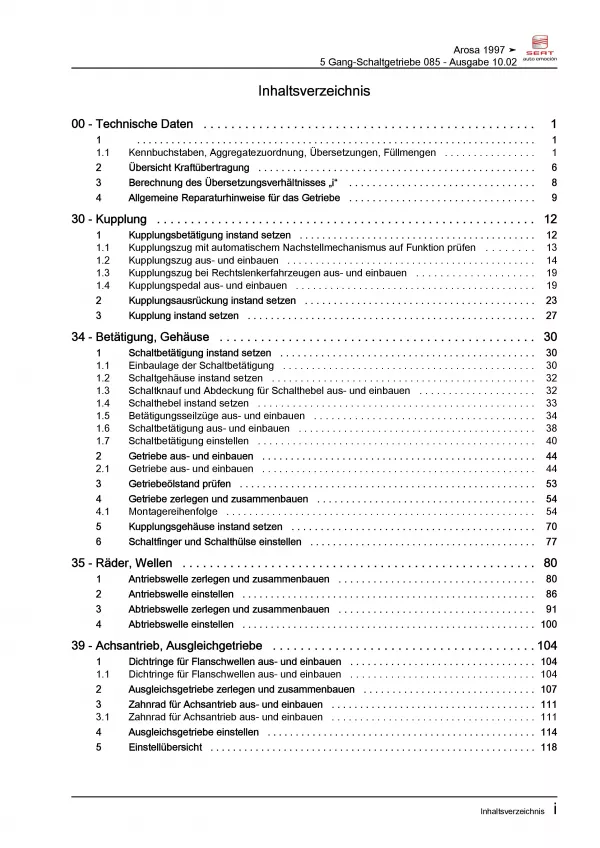 SEAT Arosa 6H (97-04) 5 Gang Schaltgetriebe 085 Kupplung Reparaturanleitung PDF