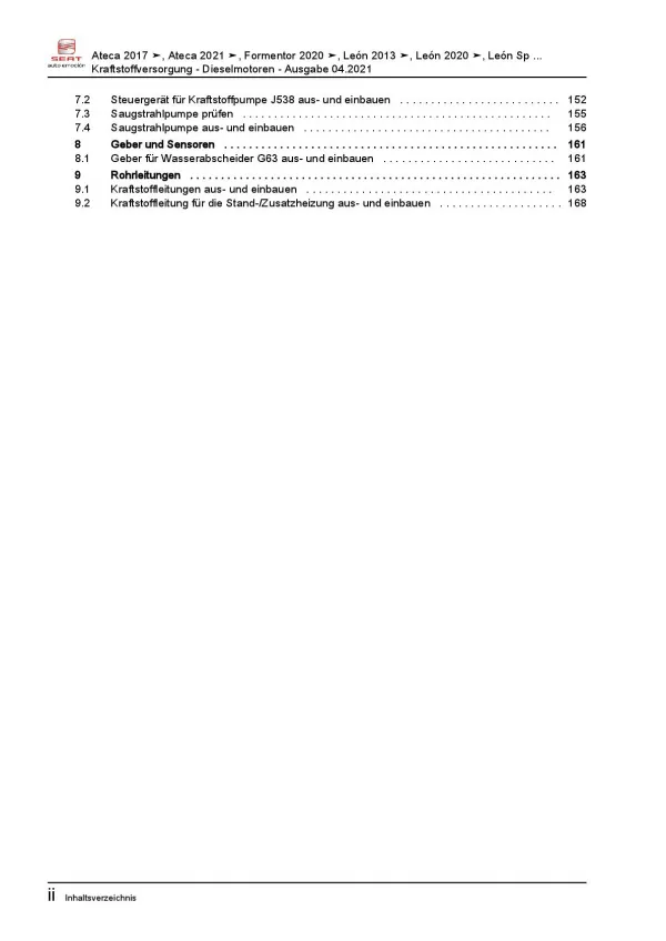 SEAT Ateca KH ab 2016 Kraftstoffversorgung Dieselmotoren Reparaturanleitung PDF