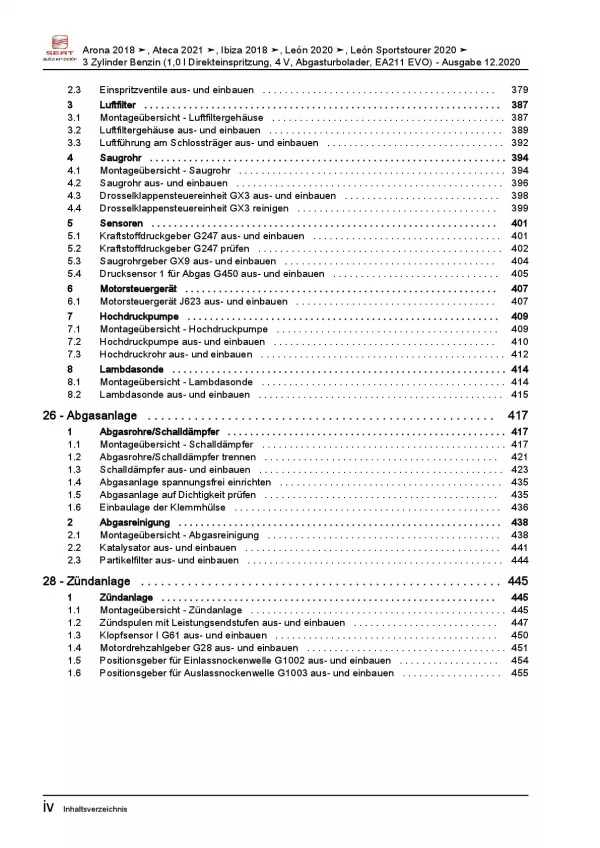 SEAT Ateca KH ab 2020 3-Zyl. 1,0l Benzinmotor 90-110 PS Reparaturanleitung PDF