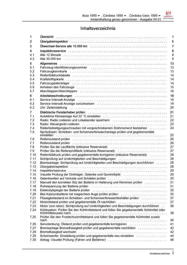 SEAT Cordoba 6K (99-02) Instandhaltung Inspektion Wartung Reparaturanleitung PDF