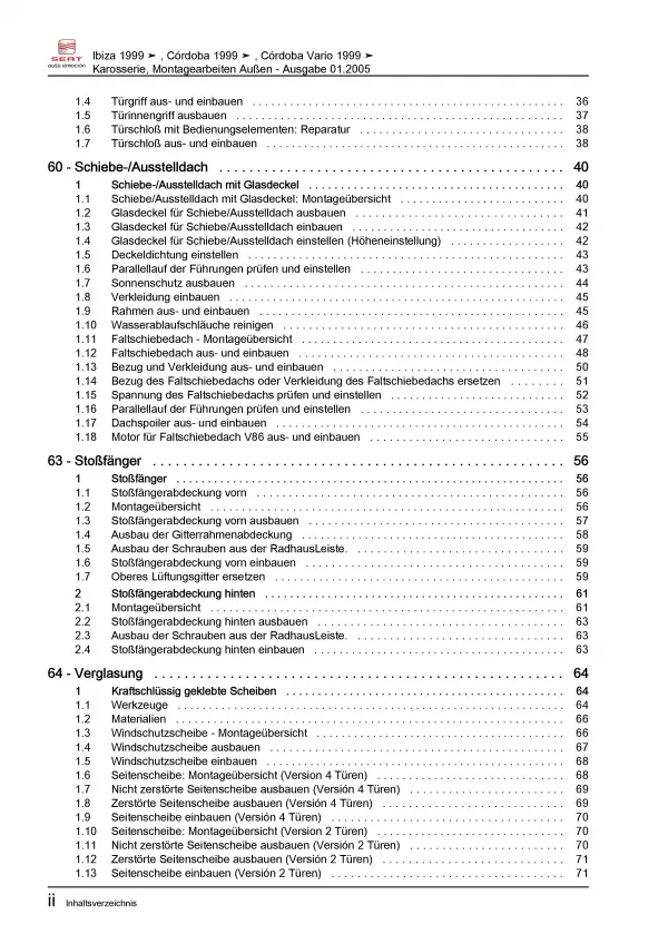 SEAT Cordoba 6K (99-02) Karosserie Montagearbeiten Außen Reparaturanleitung PDF