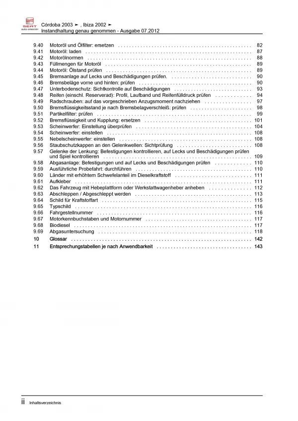 SEAT Cordoba 6L (02-08) Instandhaltung Inspektion Wartung Reparaturanleitung PDF